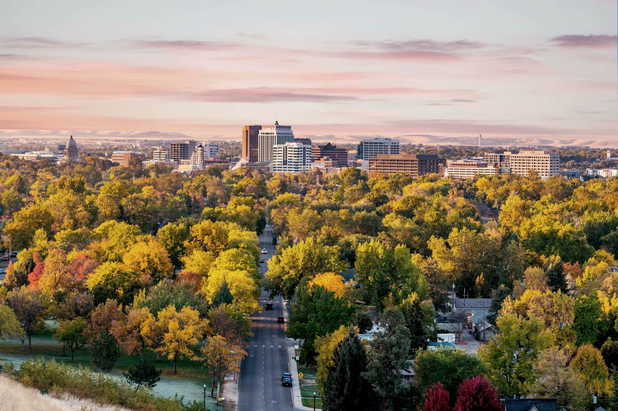 A scenic view of a city skyline surrounded by trees under a dramatic cloudy sky with a walking trail and wooden fence in the foreground in boise id